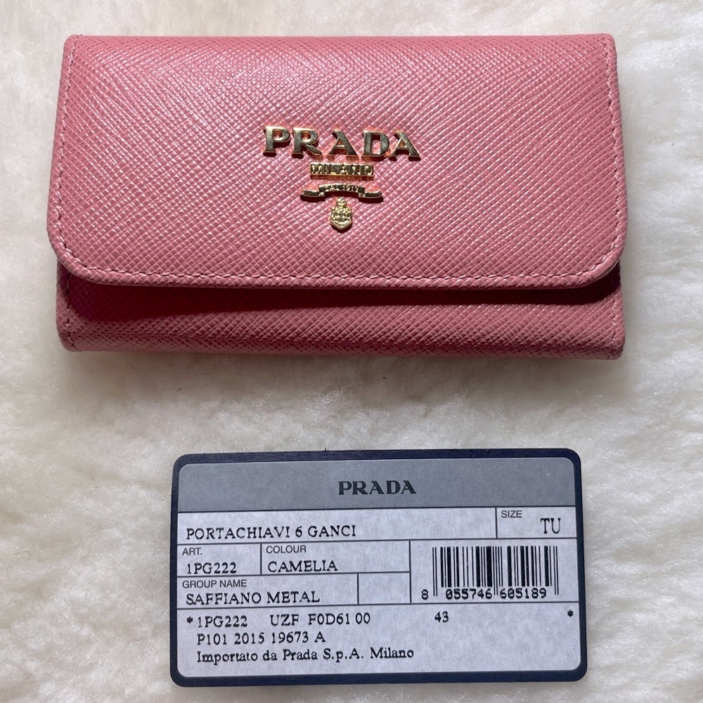 NEW PRADA Logo Saffiano Leather 6 Rings Key Case Key Holder Pink